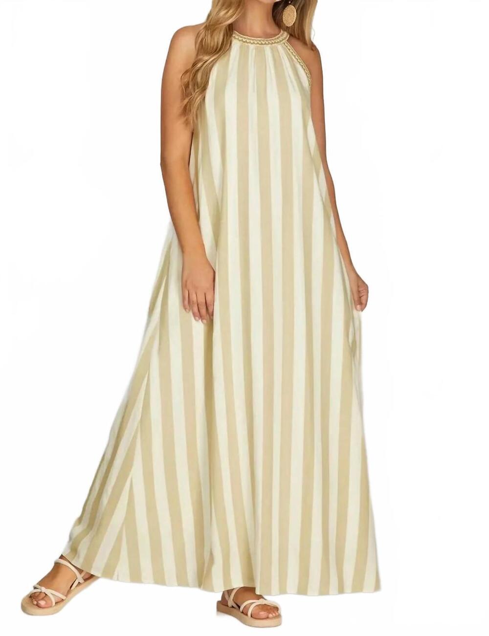 NEW SHE + SKY striped halter neck a-line maxi dress in taupe